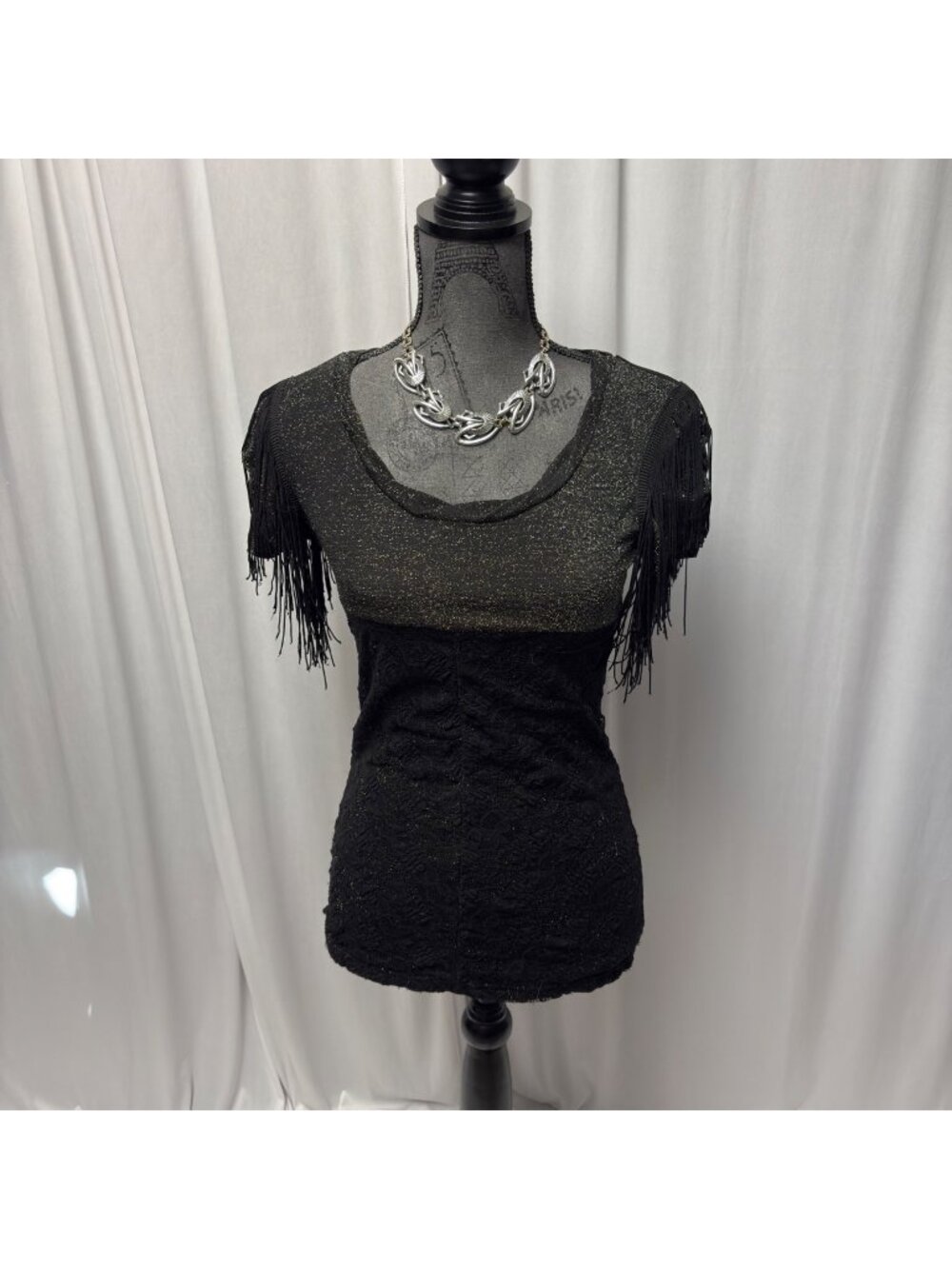 BKE Womens Black Fringe Top Size Small Shimmer Metallic Sheer Back Boho Festival